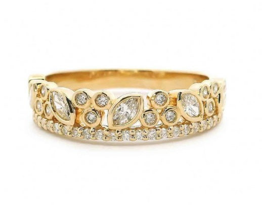 14K YELLOW GOLD MARQUISE DIAMOND AND ROUND DIAMOND DOUBLE ROW BAND