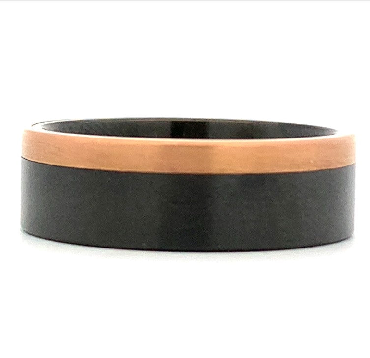 7MM 14K Rose Gold Edge Men's Band Pipe Cut Zirconium - Size 9