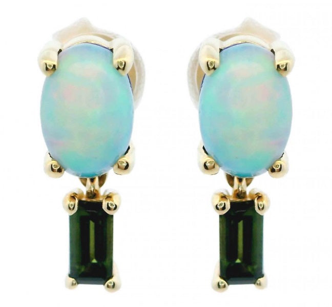 14K YELLOW GOLD OVAL OPAL EARRINGS WITH GREEN TOURMALINE DROPS