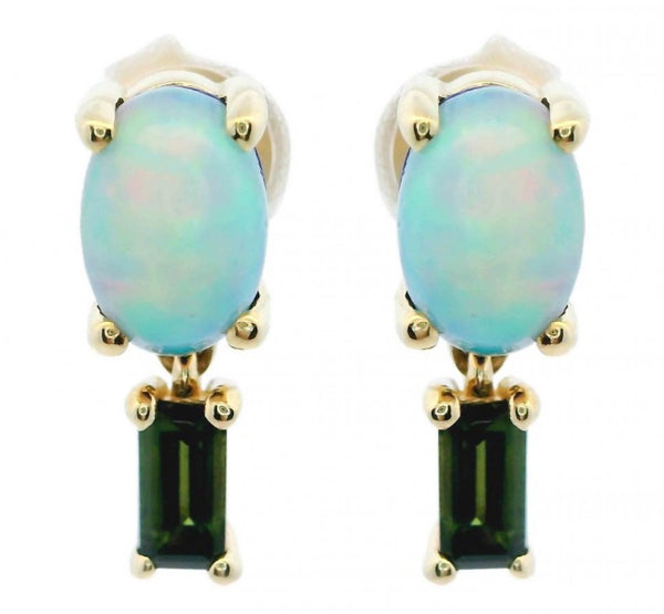 14K YELLOW GOLD OVAL OPAL EARRINGS WITH GREEN TOURMALINE DROPS