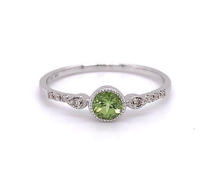 14K WHITE GOLD ROUND PERIDOT & DIAMOND RING