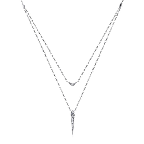 14KT WHITE GOLD LAYERED PAVÉ DIAMOND BAR AND SPIKE PENDANT NECKLACE