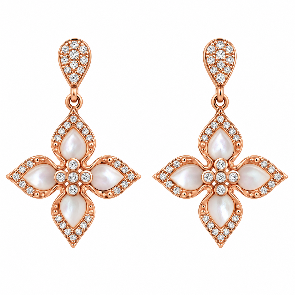 14K ROSE GOLD MOTHER OF PEARL DANGLE EARRINGS WITH DIAMONDS