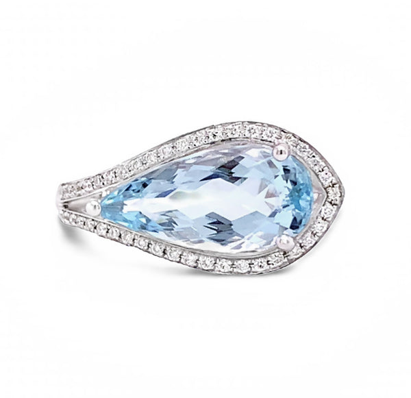 14K GOLD AQUAMARINE ASYMMETRICAL RING WITH DIAMONDS