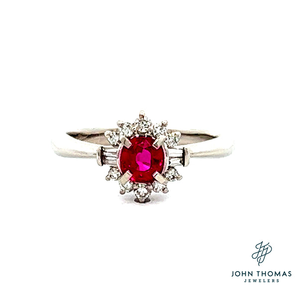 PLATINUM CUSHION CUT RUBY RING WITH DIAMOND HALO
