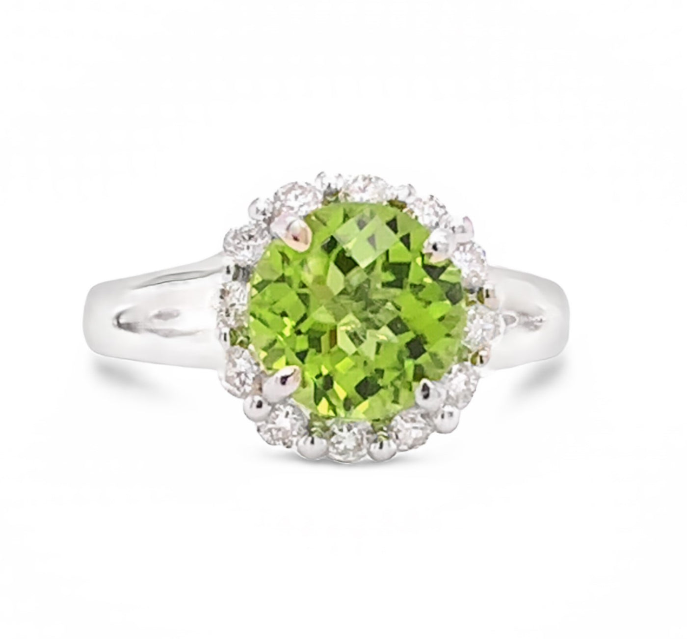 14KT STUNNING CHECKERBOARD PERIDOT DIAMOND HALO RING