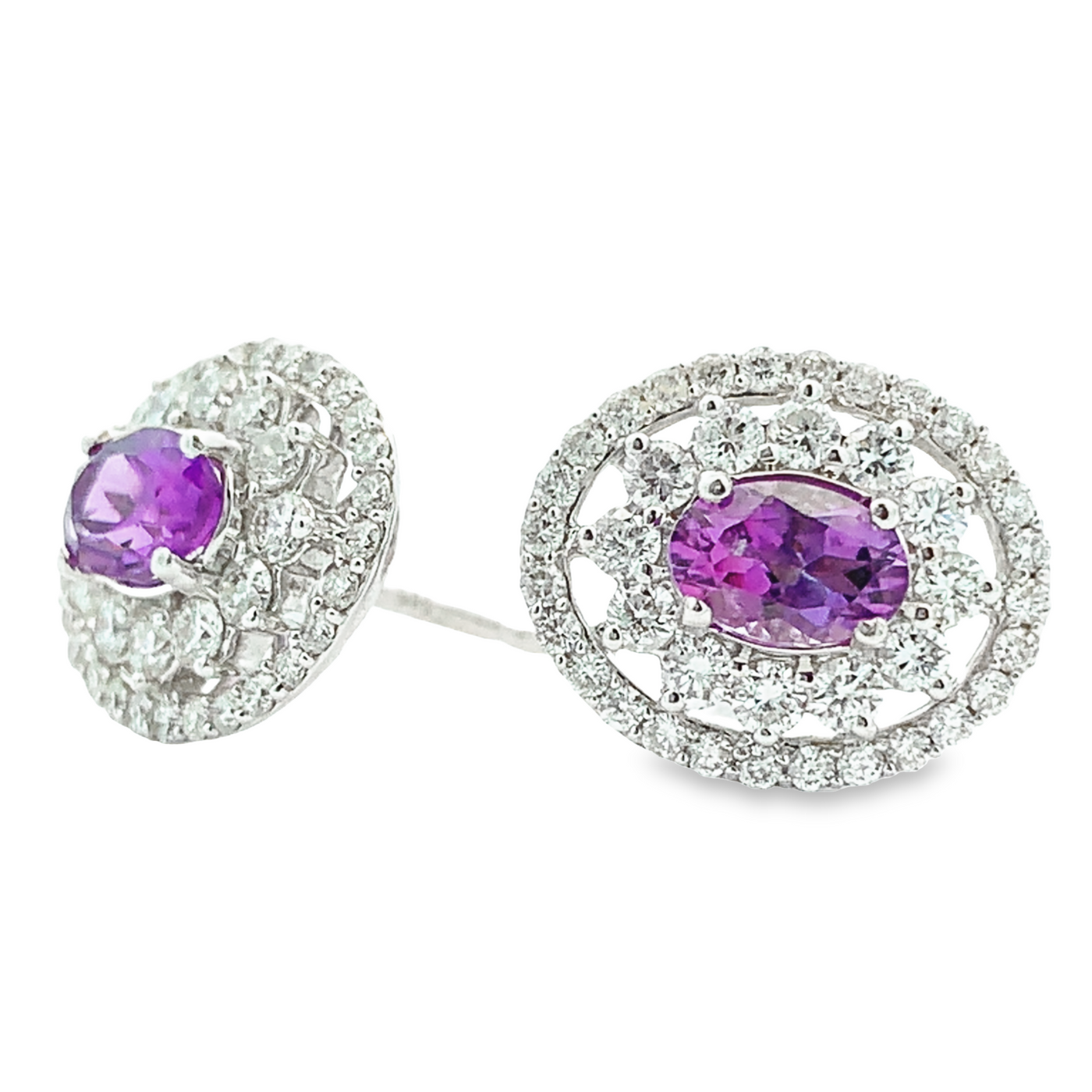 14K WHITE GOLD AMETHYST AND DIAMOND DOUBLE HALO STATEMENT EARRINGS