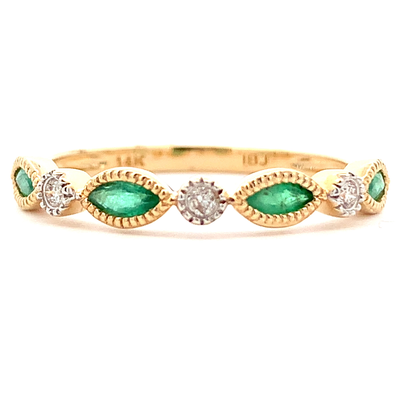 14K YELLOW GOLD MARQUISE EMERALD AND DIAMOND STACKABLE RING