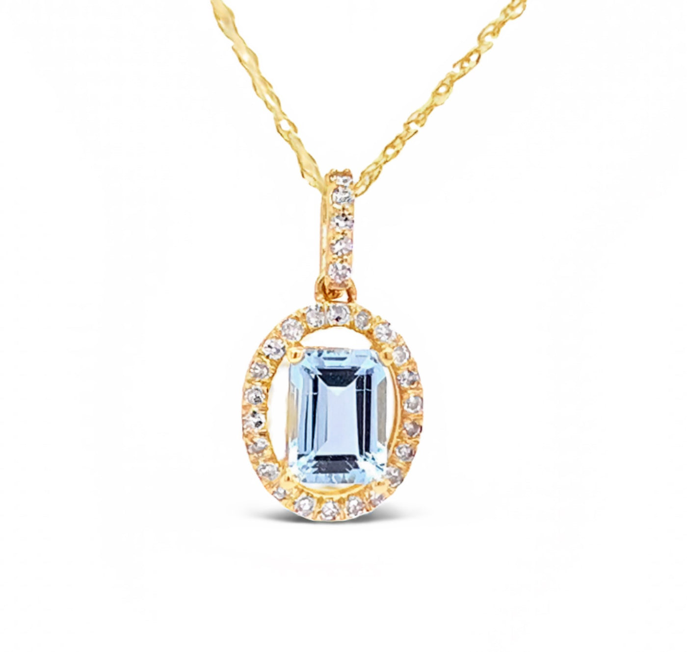YELLOW GOLD EMERALD CUT AQUAMARINE AND DIAMOND PENDANT