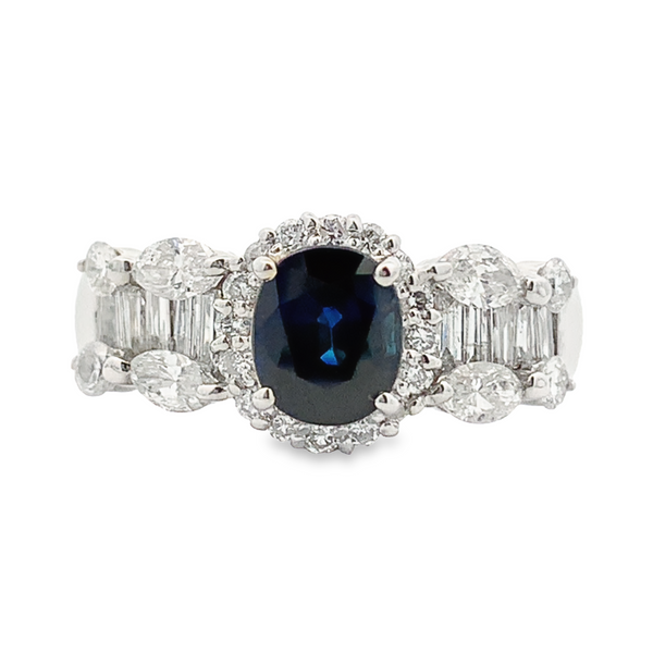 PLATINUM WITH BLUE SAPPHIRE RING FEATURING MARQUISE DIAMONDS