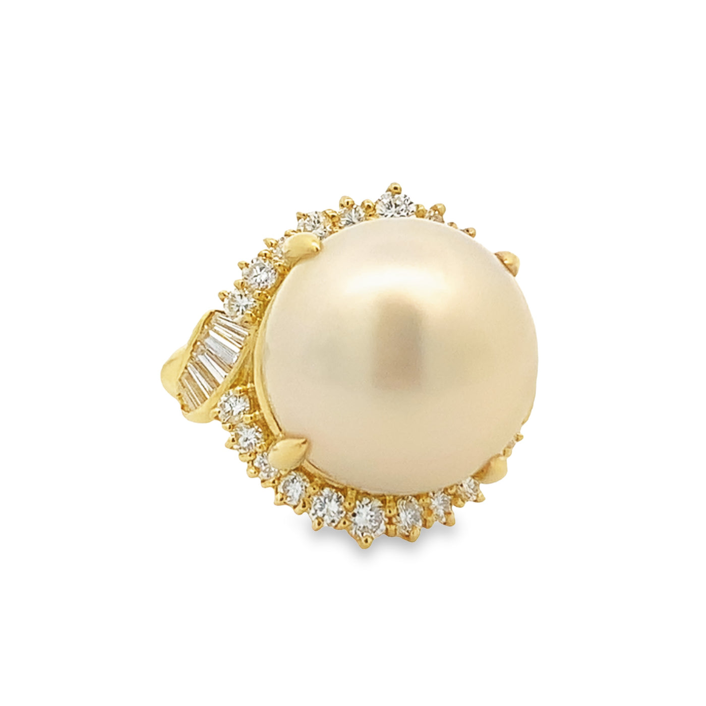 18K YELLOW SOUTH SEA PEARL STATEMENT RING WITH BAGUETTE & ROUND DIAMOND ACCENTS