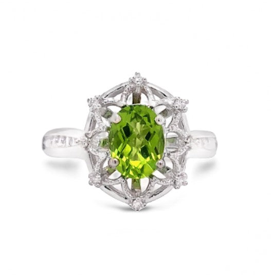14K PERIDOT COMPASS STYLE STATEMENT RING WITH DIAMONDS