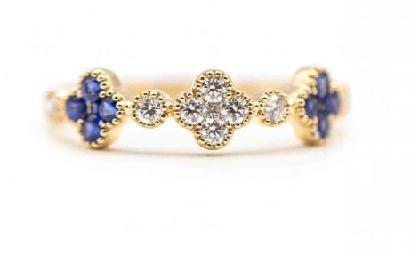 14KY 3 STATION CLOVER RING WITH ALTERNATING SAPPHIRES