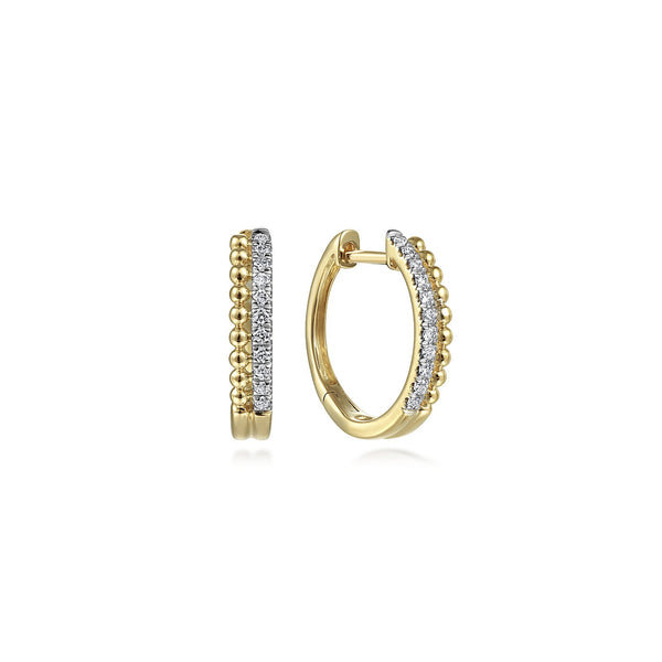 14KT Yellow Gold Beaded Pavé 10mm Diamond Huggies