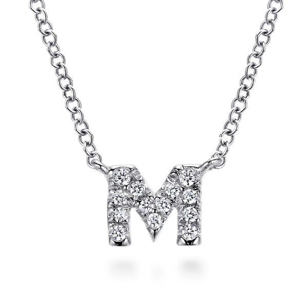 14KT WHITE GOLD DIAMOND M INITIAL PENDANT NECKLACE