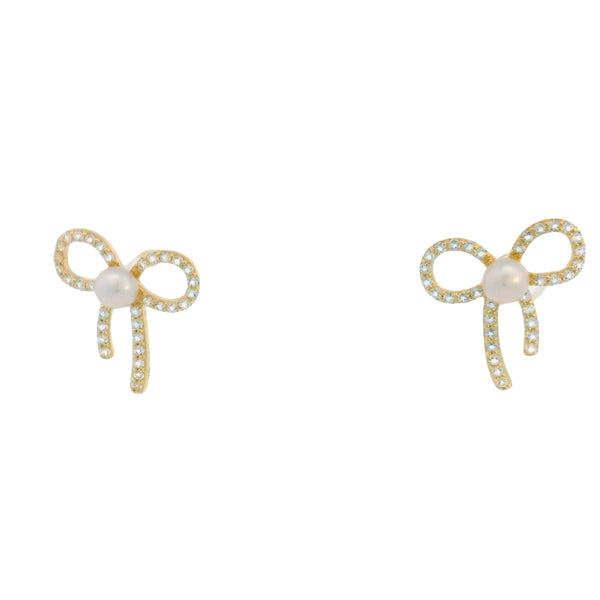 14K YELLOW GOLD FRESHWATER PEARL AND WHITE TOPAZ BOW EARRINGS