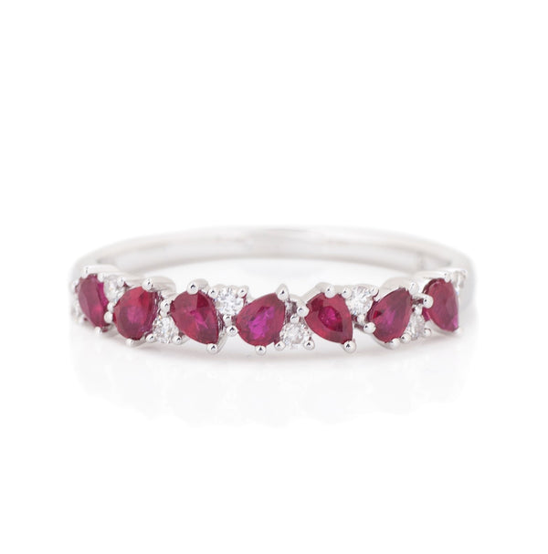 14K WHITE GOLD PEAR RUBY WITH DIAMOND STACKABLE RING