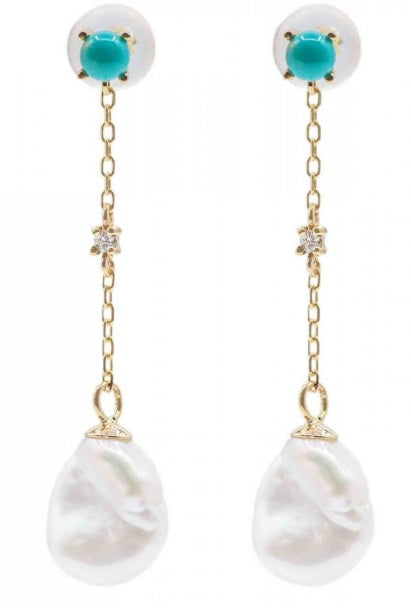 KESHI FRESHWATER PEARL, TURQUOISE, AND DIAMOND EARRINGS