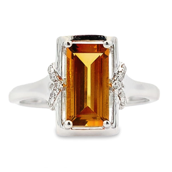 14K WHITE RECTANGLE CITRINE & DIAMOND CLASSIC RING WITH DIAMOND