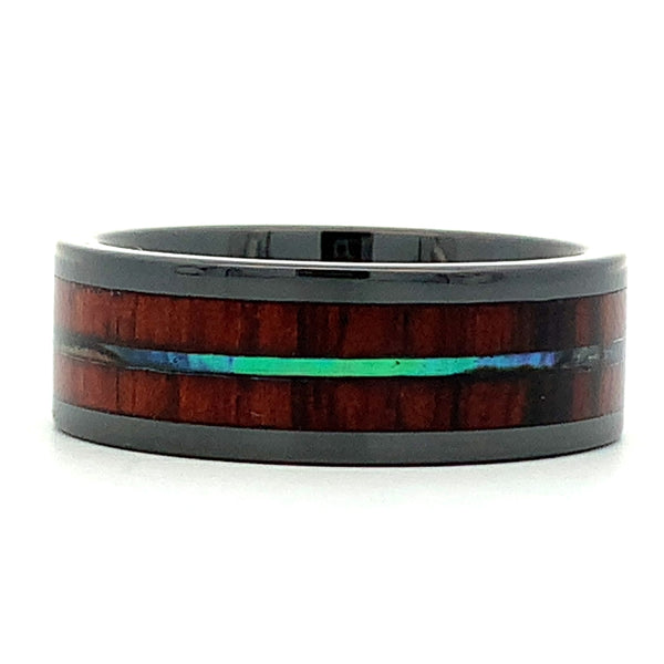 8MM Black Ceramic Koa & Abalone Inlay Band - Size 10