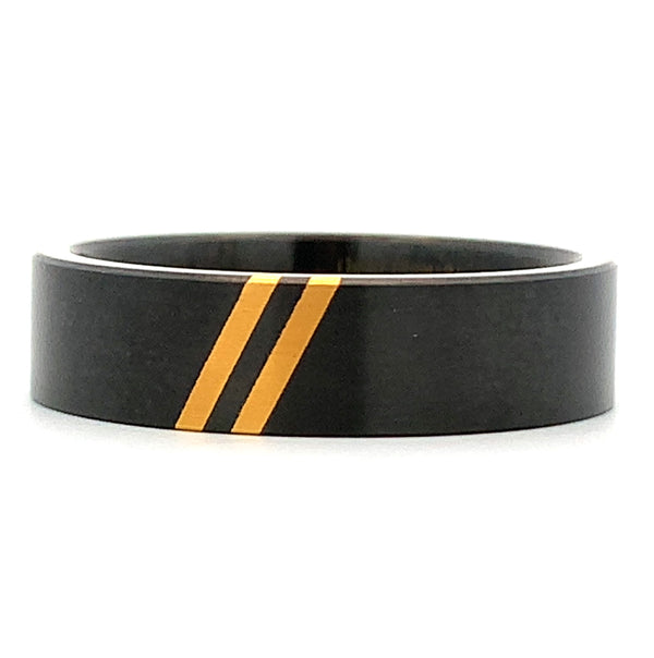 6MM Pipe Cut Zirconium Mens Ring with 14K Yellow Diagonal Inlay - Size 10