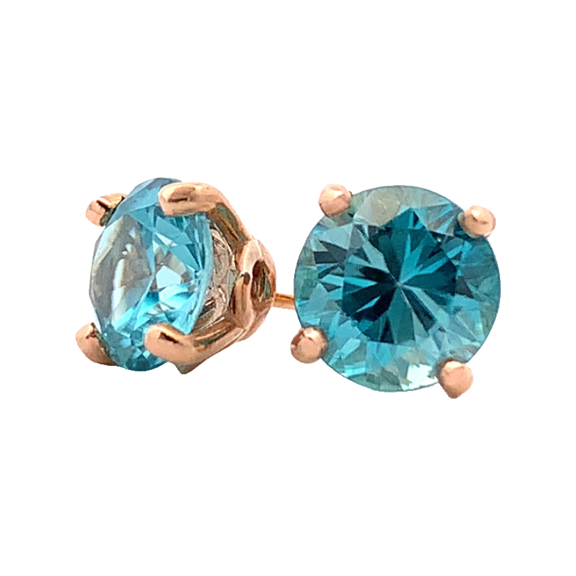 14K Rose Gold Round Blue Zircon Stud Earrings