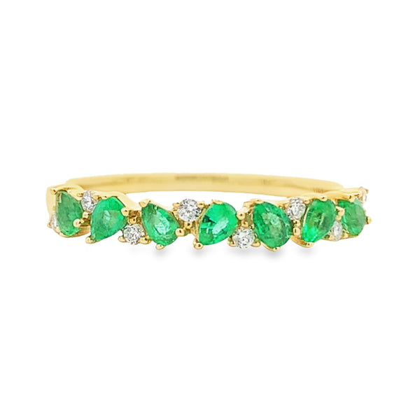 14K YELLOW GOLD PEAR SHAPE EMERALD AND DIAMOND STACKABLE RING