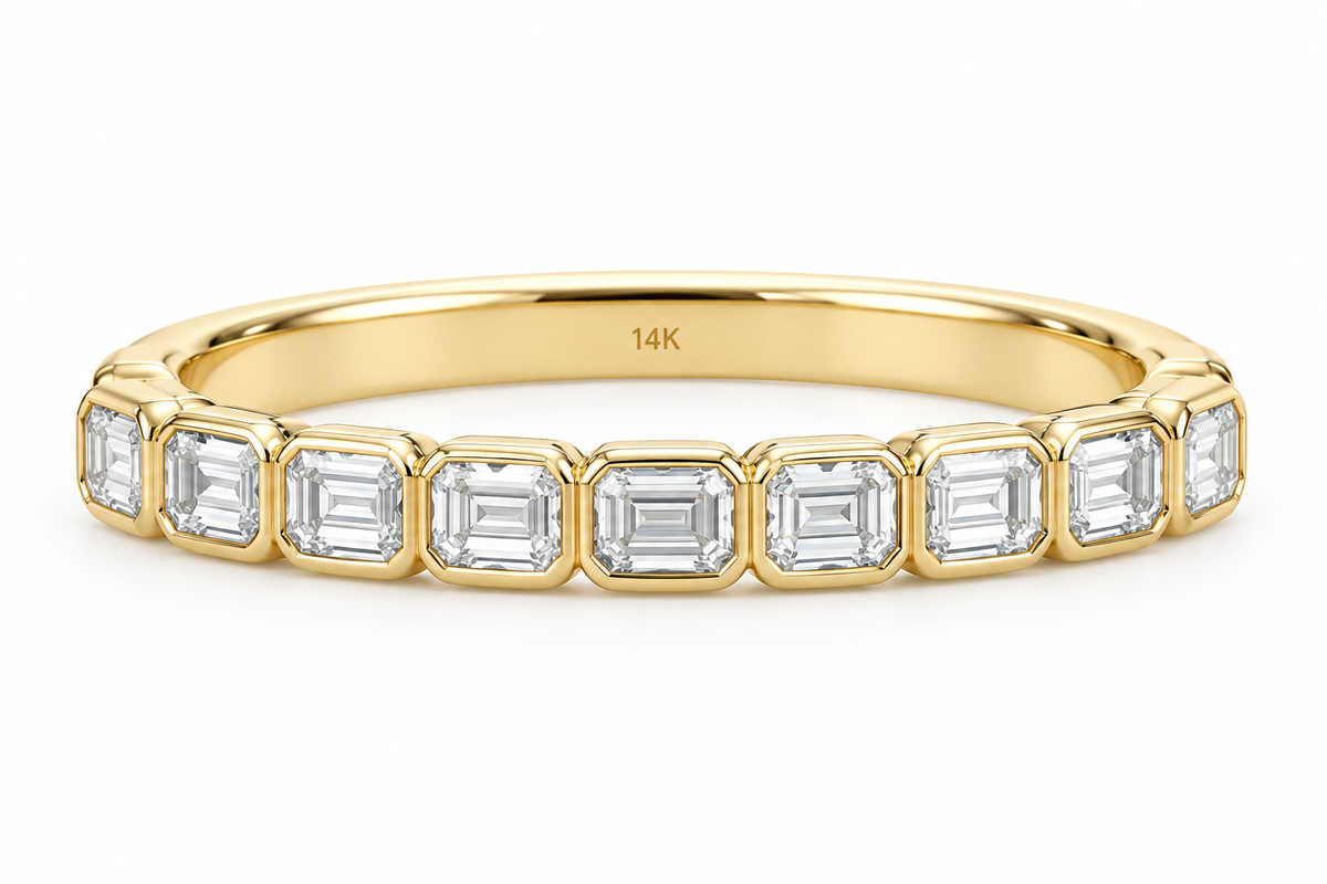 14KY WEDDING BAND WITH 9 EM CUT DIAMONDS 1.0 CTW