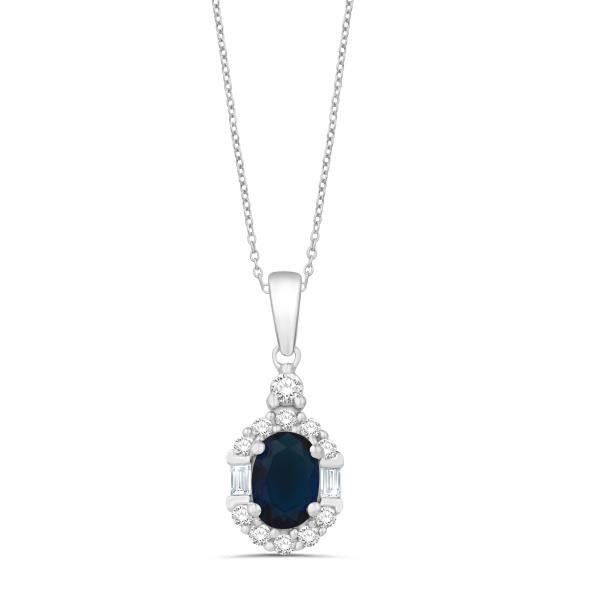14K WHITE GOLD .93CT OVAL SAPPHIRE AND BAGUETTE AND ROUND DIAMOND PENDANT