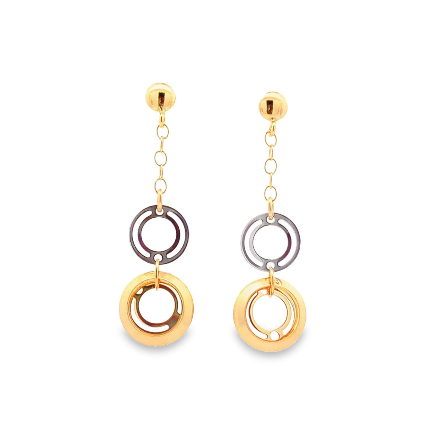 14K TWO TONE CIRCLE DANGLE POST EARRINGS