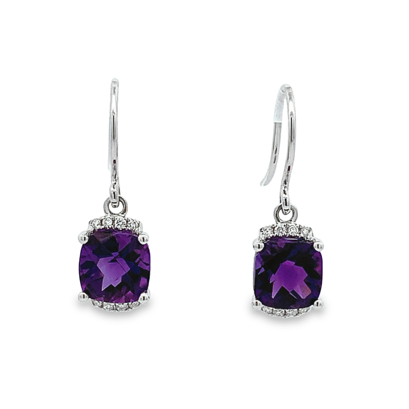 14K WHITE GOLD FRENCH WIRE AMETHYST & DIAMOND EARRINGS