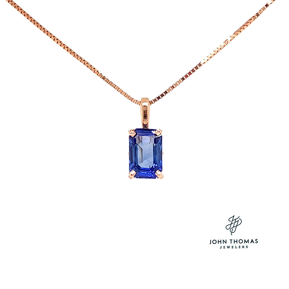 14K Rose Gold Blue Sapphire and Emerald Cut Pendant