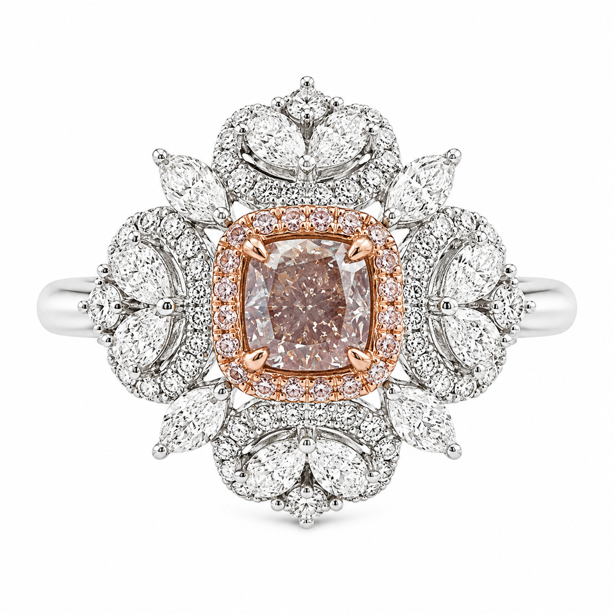 18K GOLD NATURAL CUSHION PINK DIAMOND CENTER DIAMOND RING