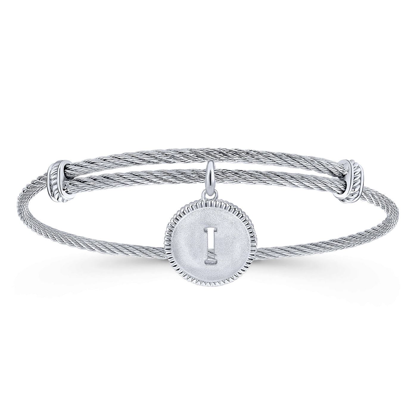 ADJUSTABLE TWISTED CABLE STAINLESS STEEL BANGLE WITH STERLING SILVER I INITIAL CHARM