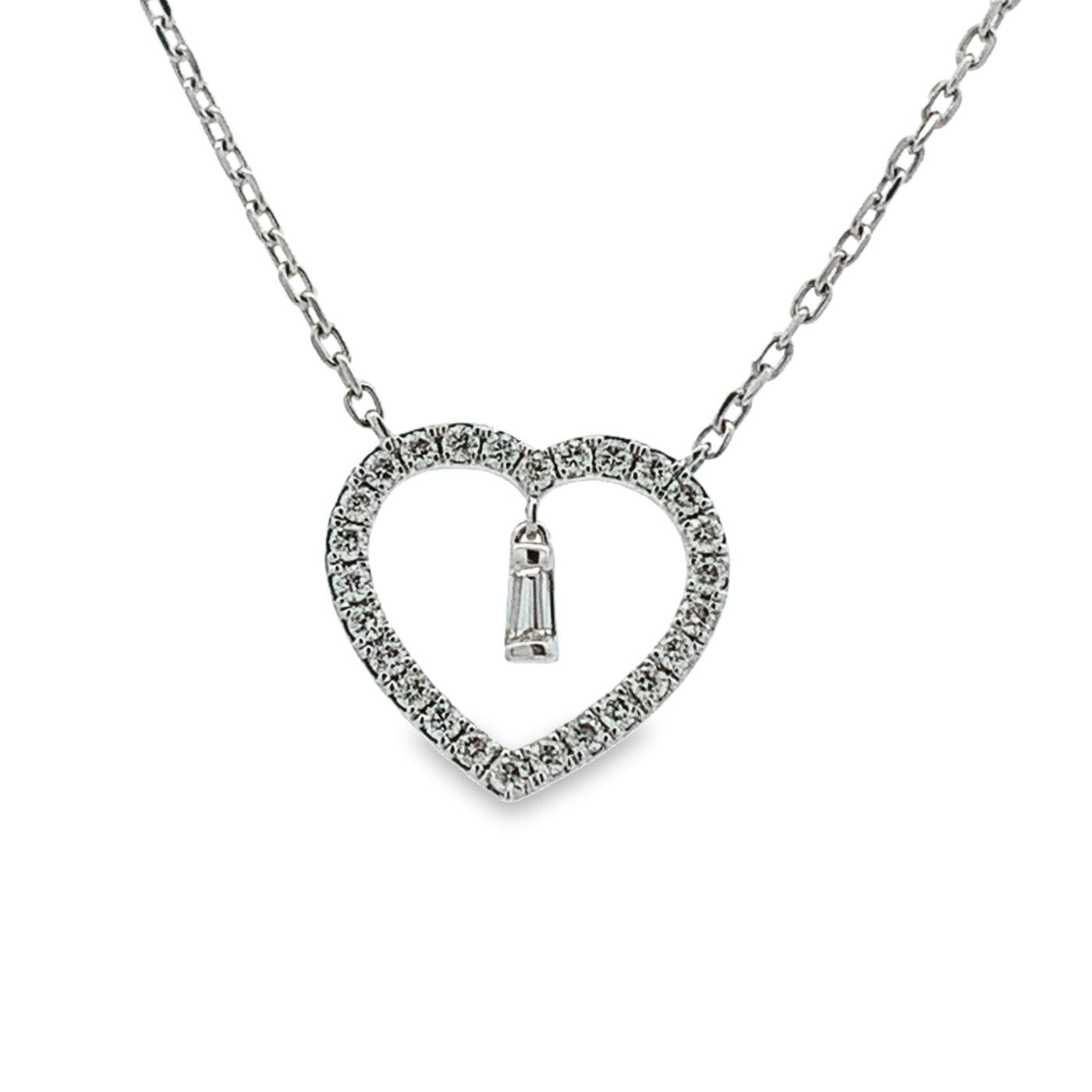 14K WHITE GOLD BAGUETTE DANGLE DIAMOND HEART NECKLACE