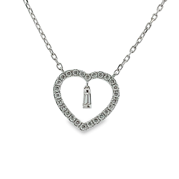 14K WHITE GOLD BAGUETTE DANGLE DIAMOND HEART NECKLACE