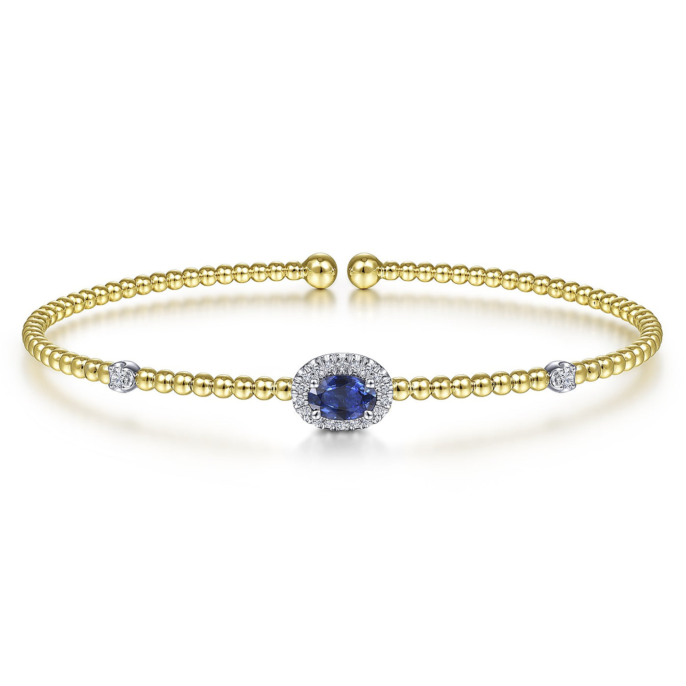 14KT WHITE-YELLOW GOLD BUJUKAN BEAD CUFF BRACELET WITH SAPPHIRE AND DIAMOND HALO STATION