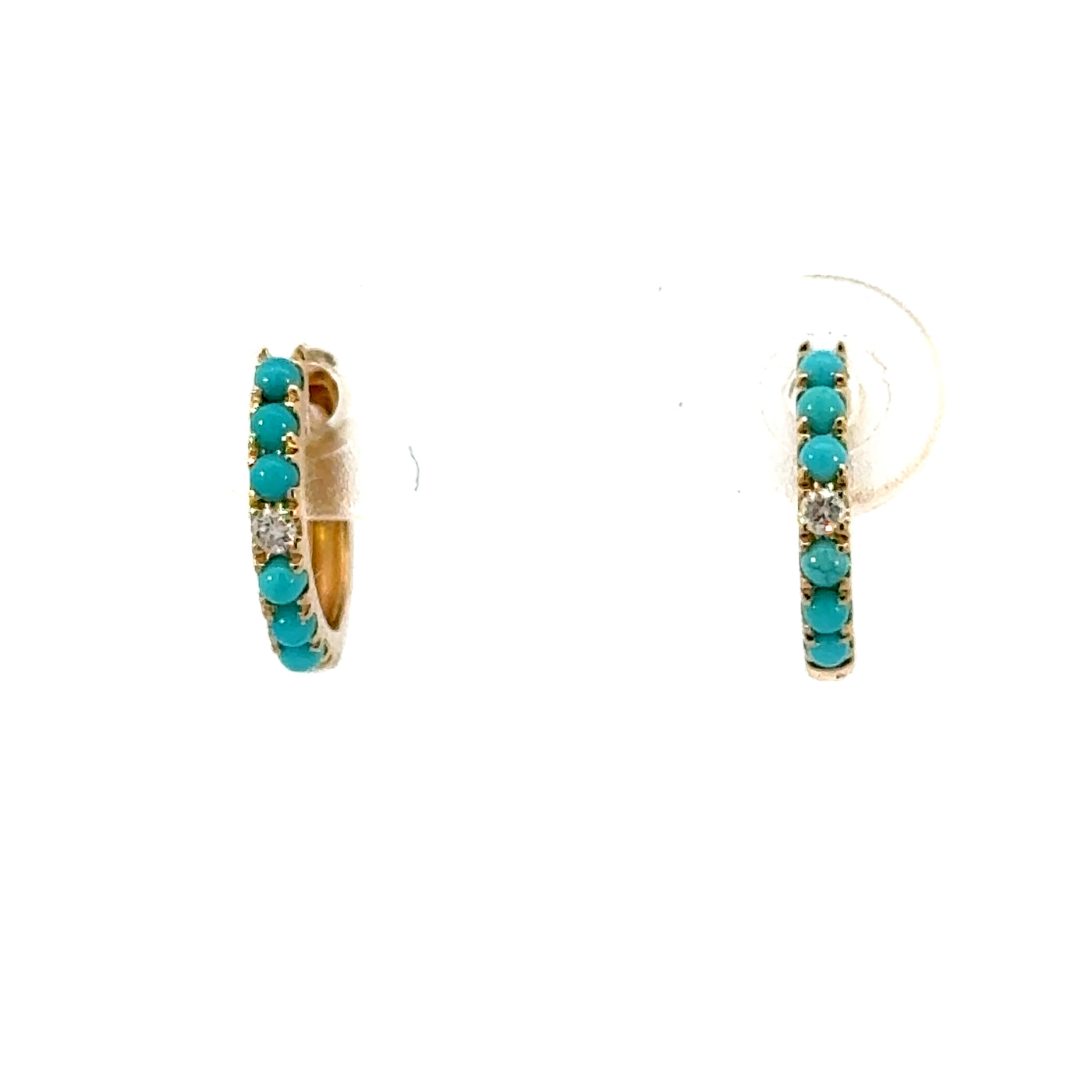 14KY TURQUOISE AND DIAMOND MINI HOOP EARRINGS