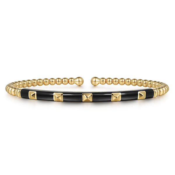 14K YELLOW GOLD BUJUKAN BEADS AND PYRAMID SPLIT BANGLE WITH BLACK ENAMEL
