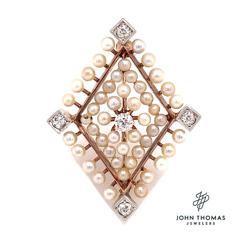 14K Rose Gold Pearl and Diamond Brooch & Pendant