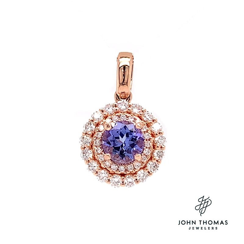 14K Rose Round Tanzanite and Diamond Halo Pendant
