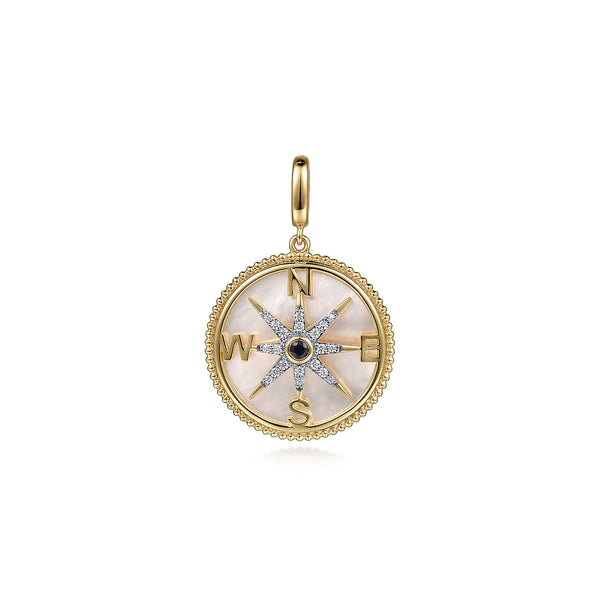 14KY DIAMOND (0.15CTW), BLUE SAPPHIRE (A QUALITY/.07 CTW), WHITE MOTHER OF PEARL (4.60 TW), BUJUKAN COMPASS MEDALLION PENDANT.