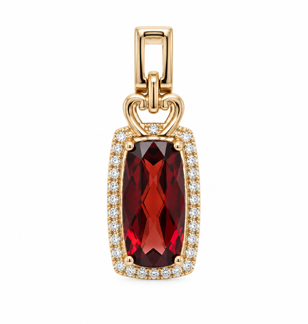 14K ELEGANT GARNET PENDANT WITH DIAMOND HALO ACCENT