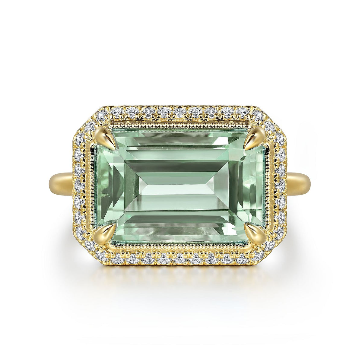 14K YELLOW GOLD DIAMOND AND GREEN AMETHYST EMERALD CUT RING WITH FLOWER PATTERN GALLERY