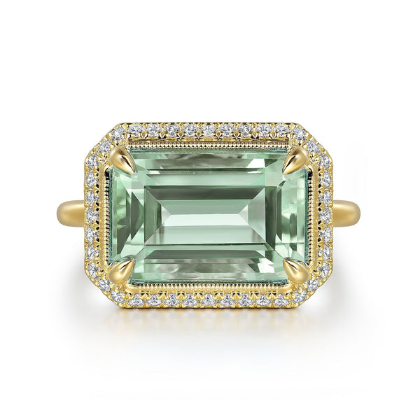 14K YELLOW GOLD DIAMOND AND GREEN AMETHYST EMERALD CUT RING WITH FLOWER PATTERN GALLERY
