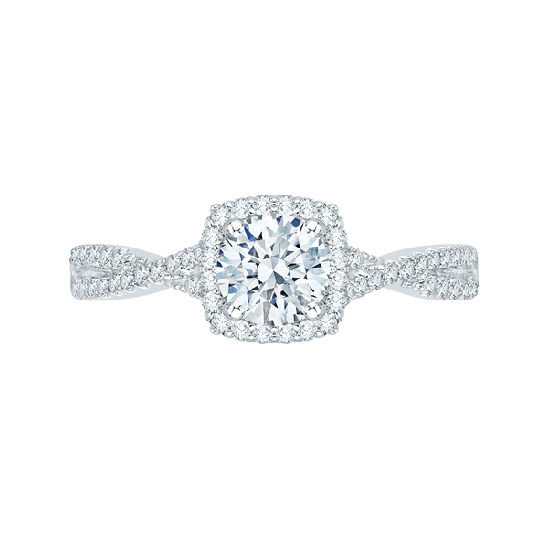 14K White Gold Round Diamond Halo Engagement Ring with Split Shank