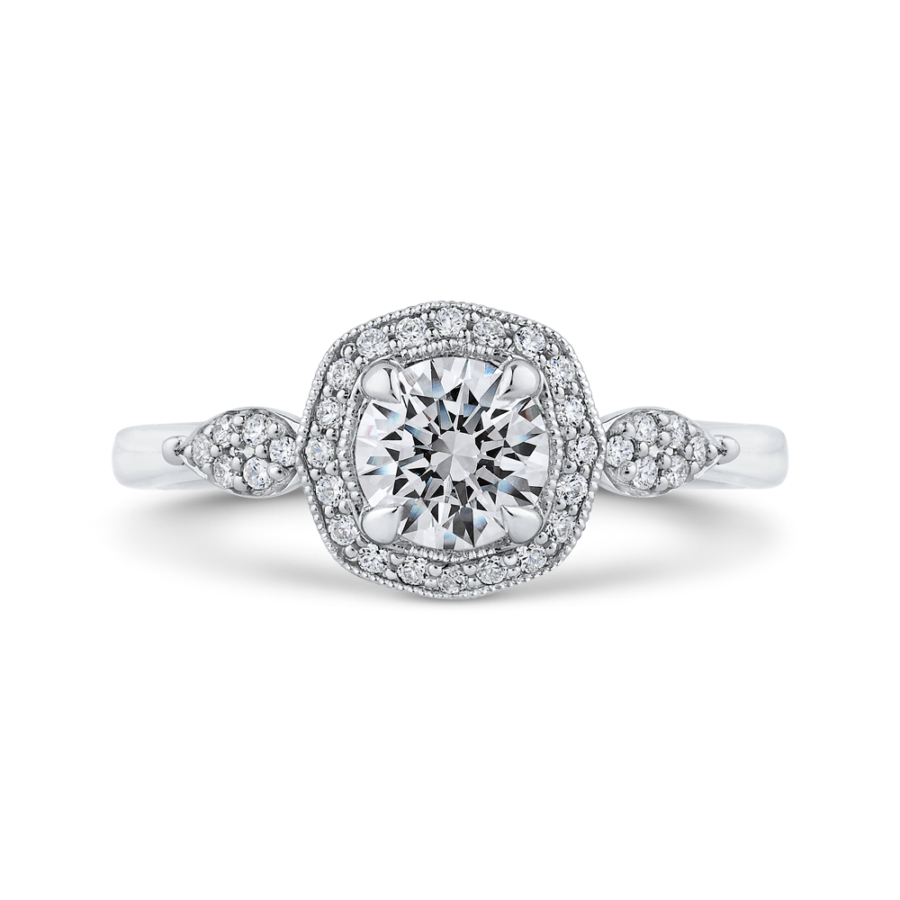 14K White Gold Round Diamond Floral Halo Engagement Ring