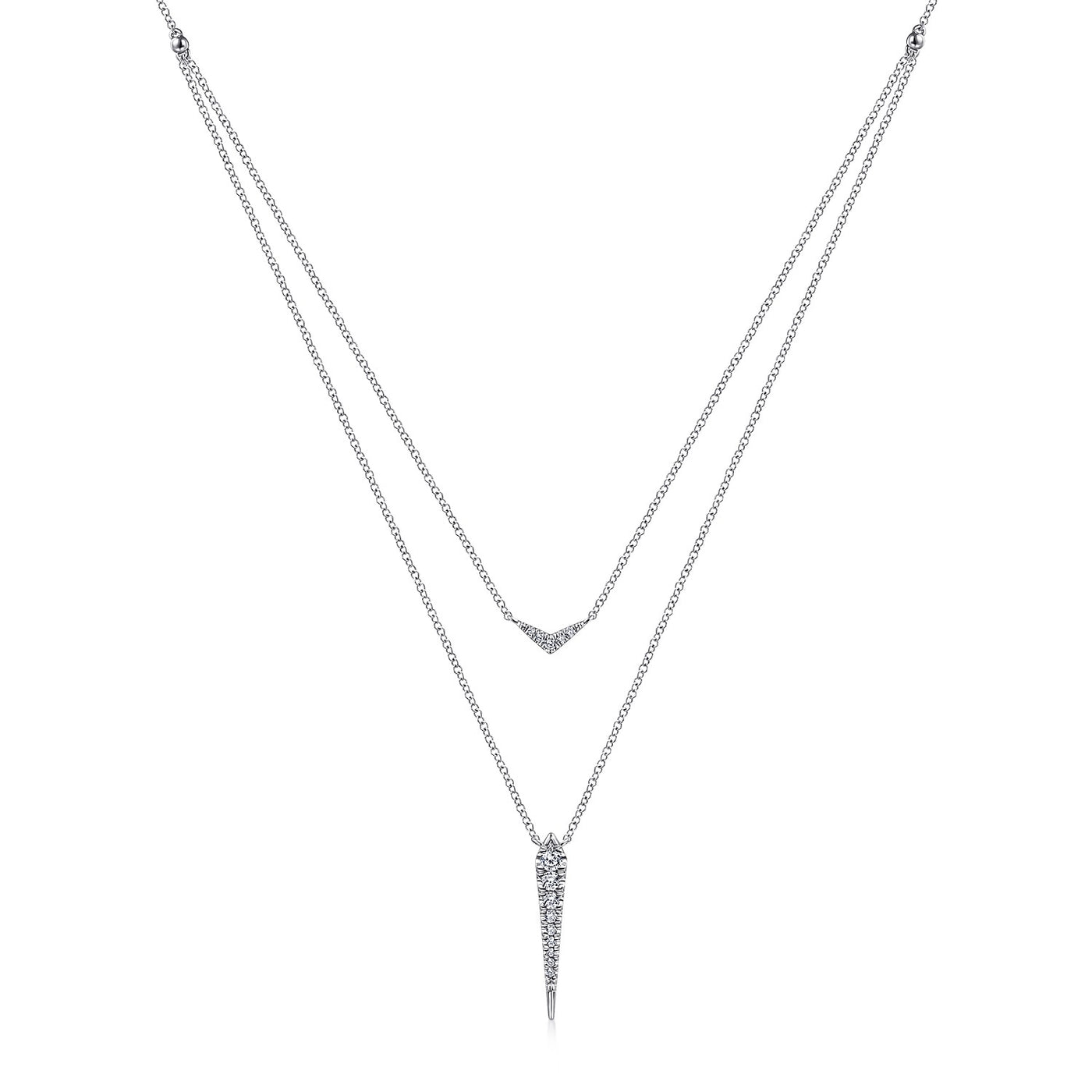 14KT WHITE GOLD LAYERED PAVÉ DIAMOND BAR AND SPIKE PENDANT NECKLACE