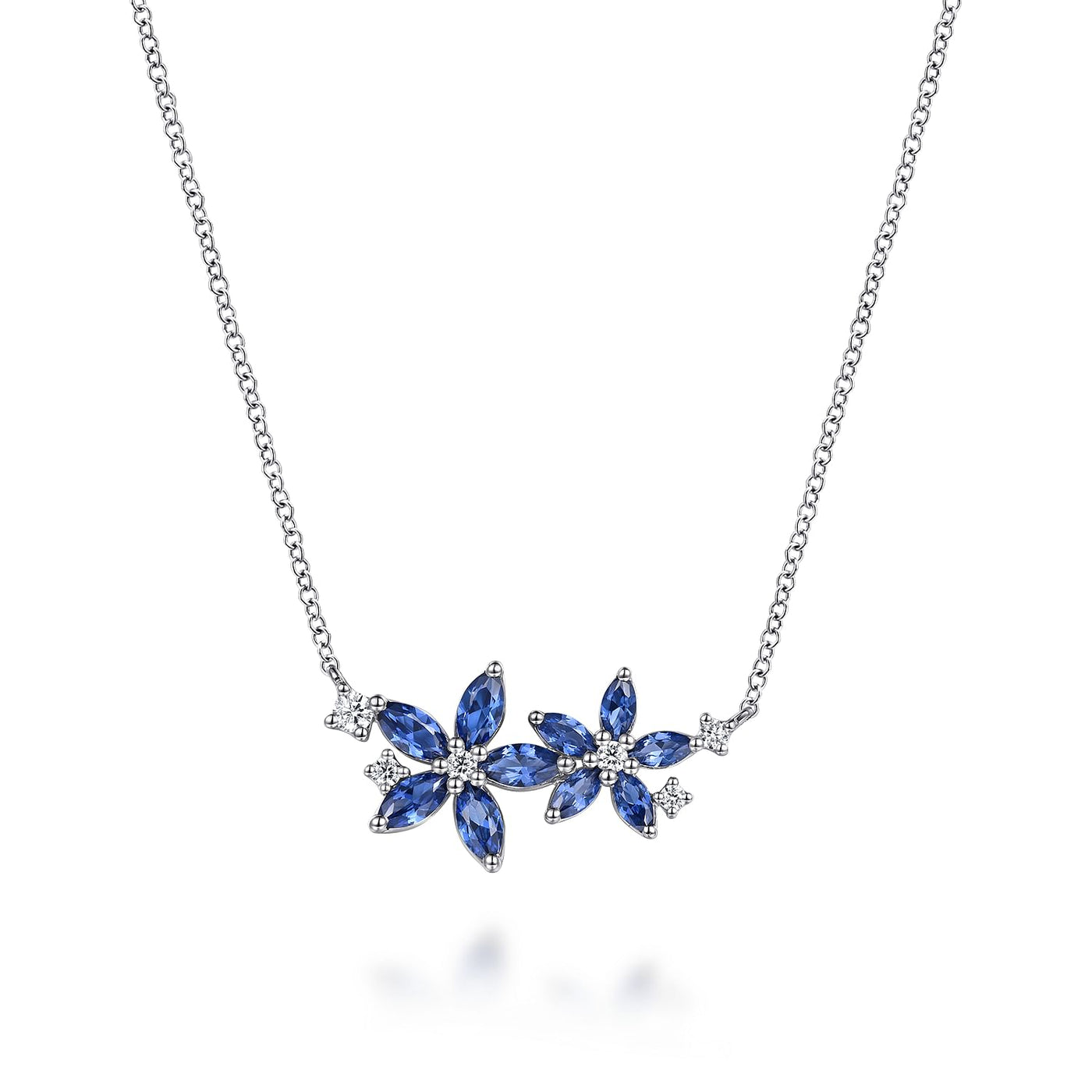 MARQUISE SAPPHIRE AND DIAMOND FLORAL PENDANT NECKLACE IN 14K WHITE GOLD