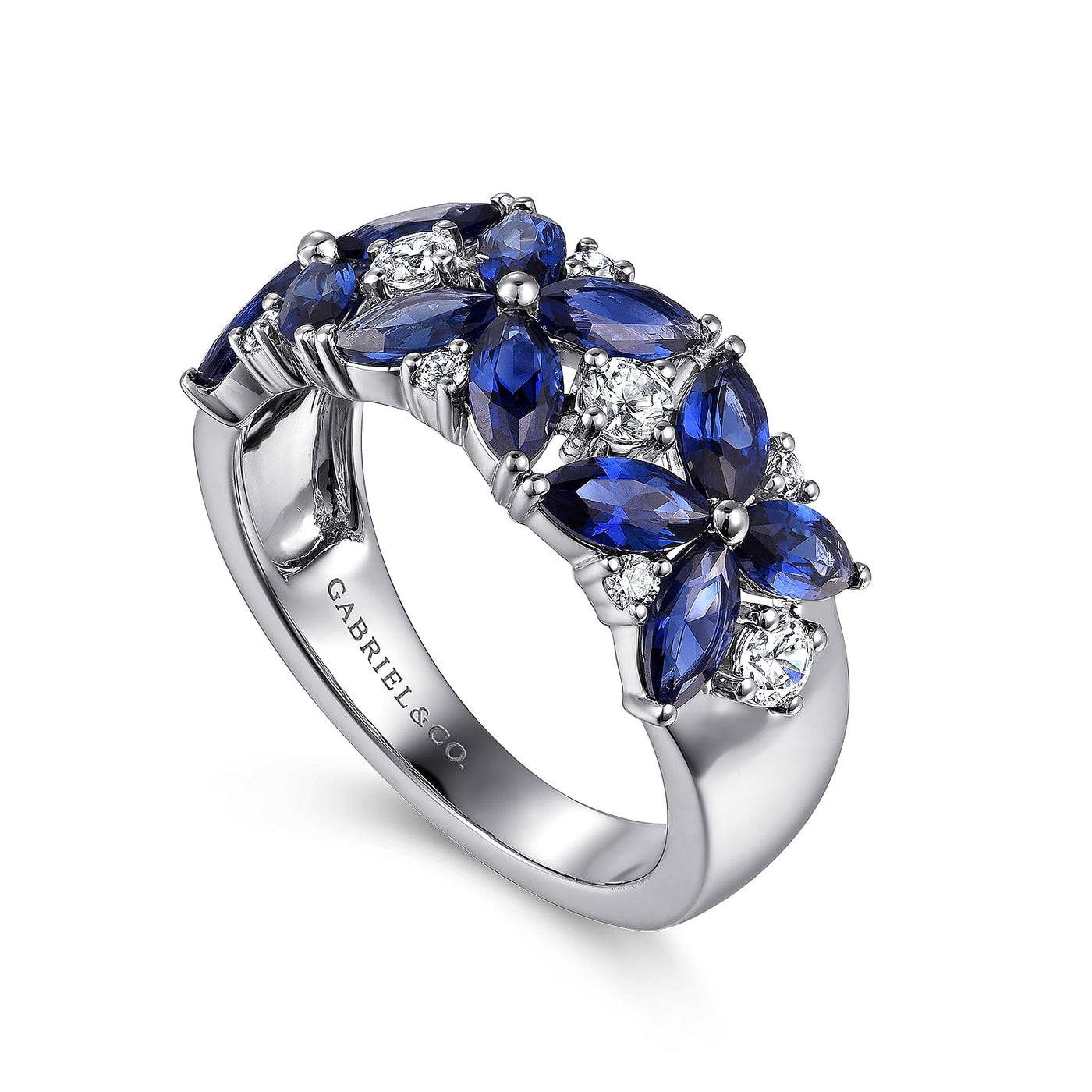 14KW BLUE SAPPHIRE AND DIAMOND FLORAL WIDE BAND RING